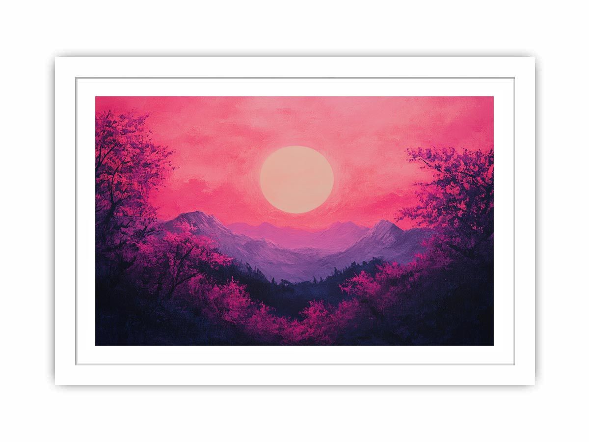 Bold magenta mountain sunset canvas art for modern living room decor.