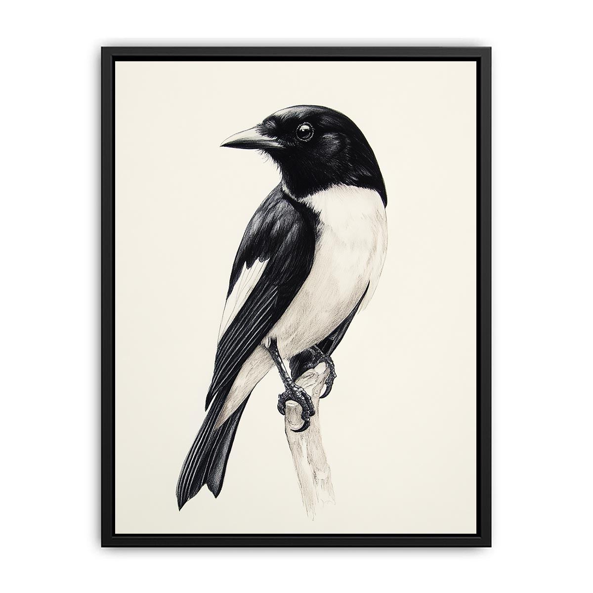 Minimal black and white songbird canvas art for refined office or hallway decor.