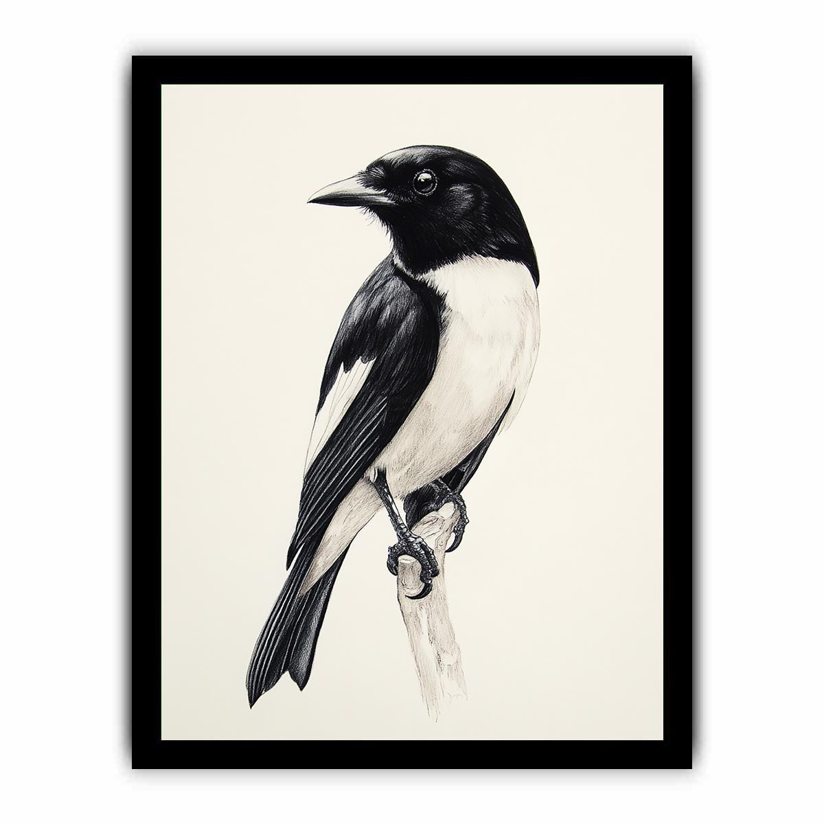 Minimal black and white songbird canvas art for refined office or hallway decor.