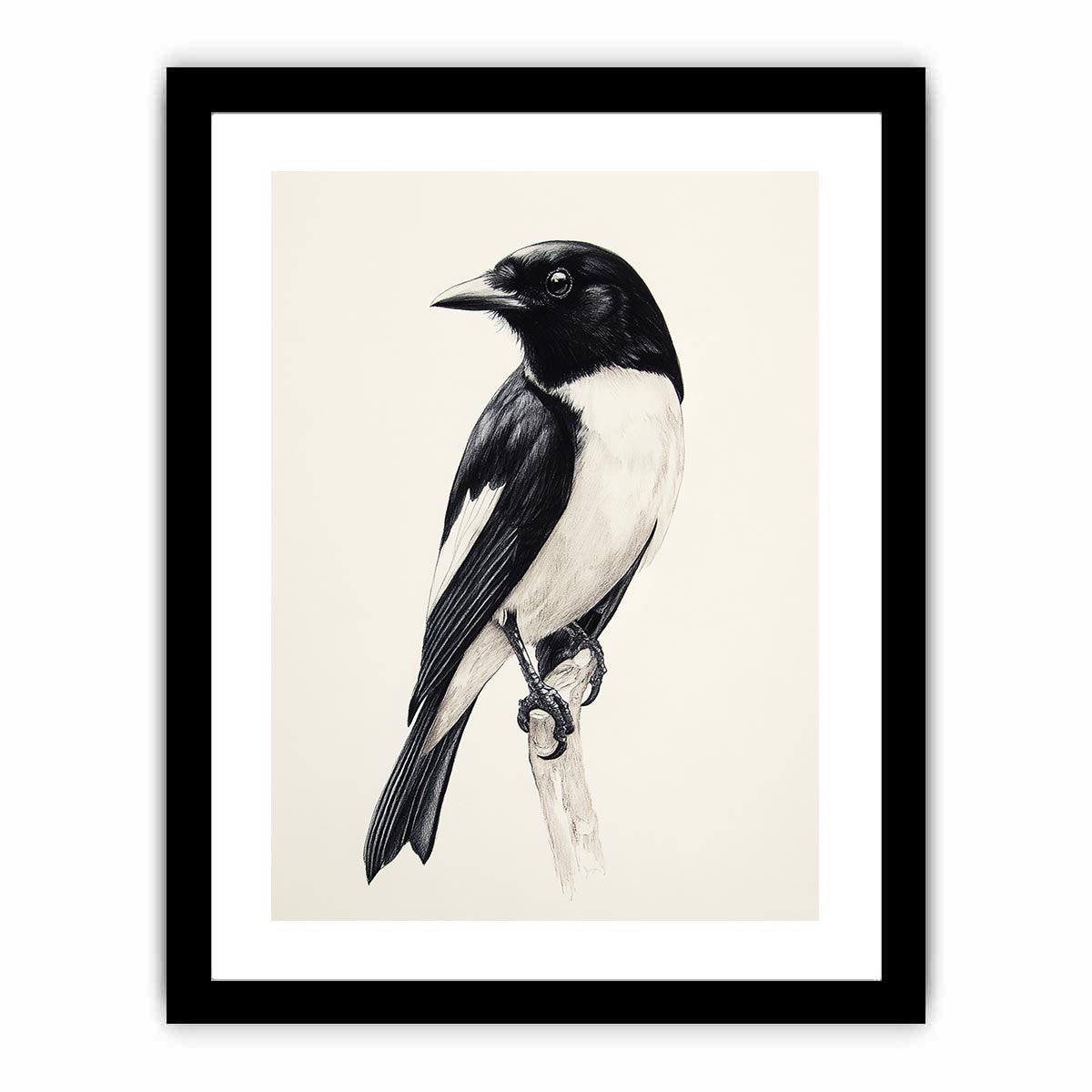 Minimal black and white songbird canvas art for refined office or hallway decor.