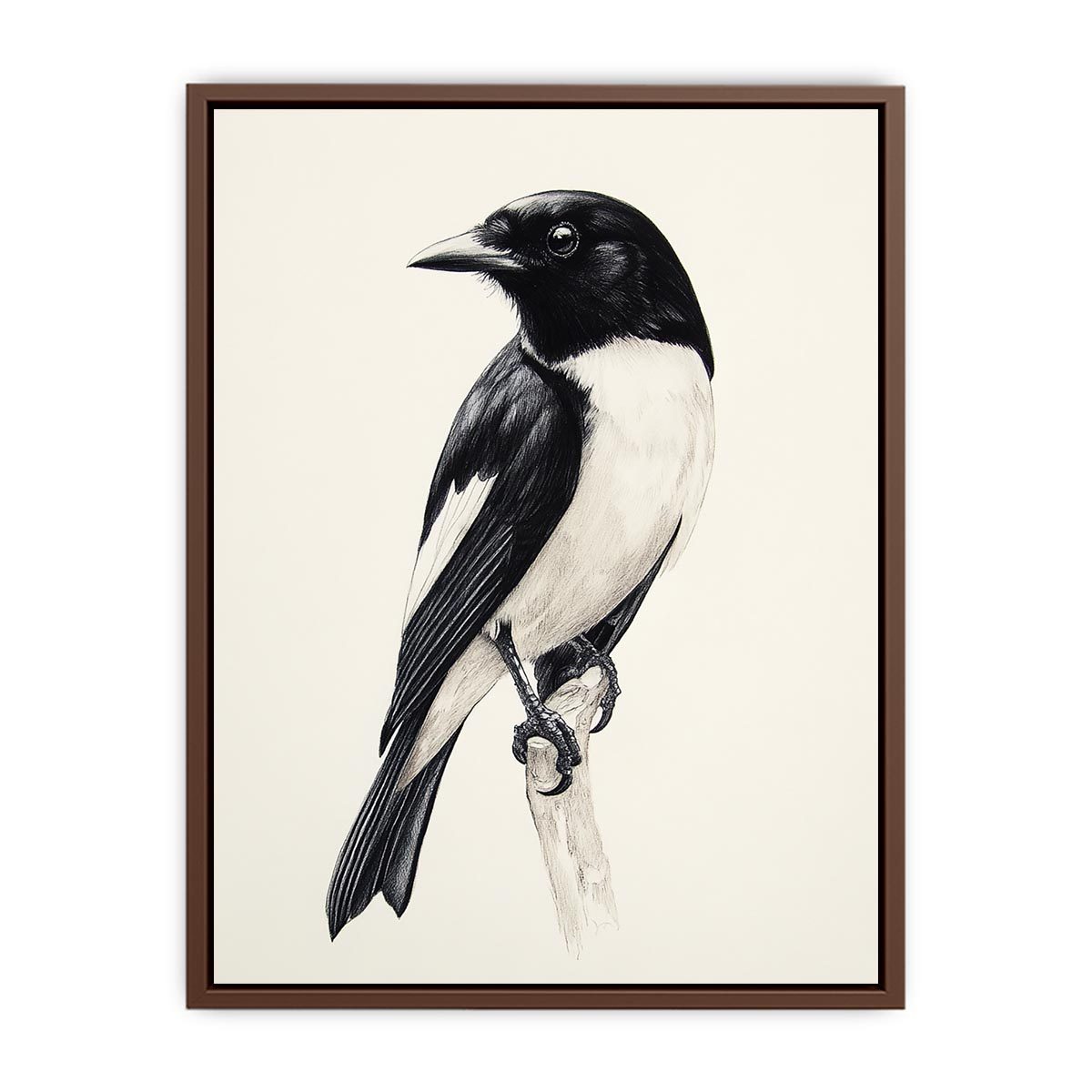 Minimal black and white songbird canvas art for refined office or hallway decor.