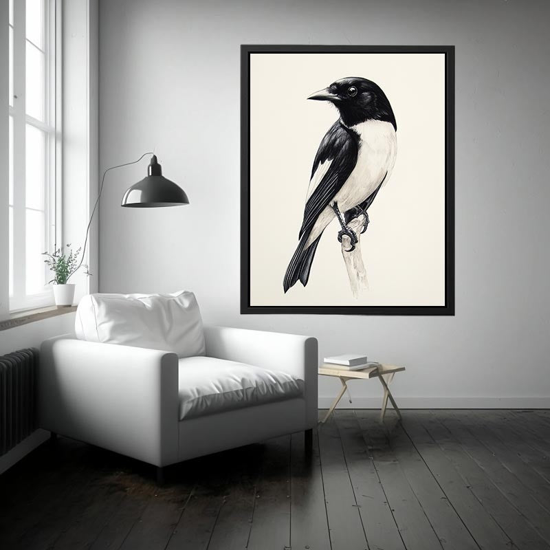 Minimal black and white songbird canvas art for refined office or hallway decor.