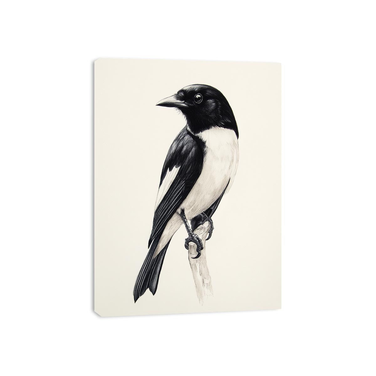 Minimal black and white songbird canvas art for refined office or hallway decor.