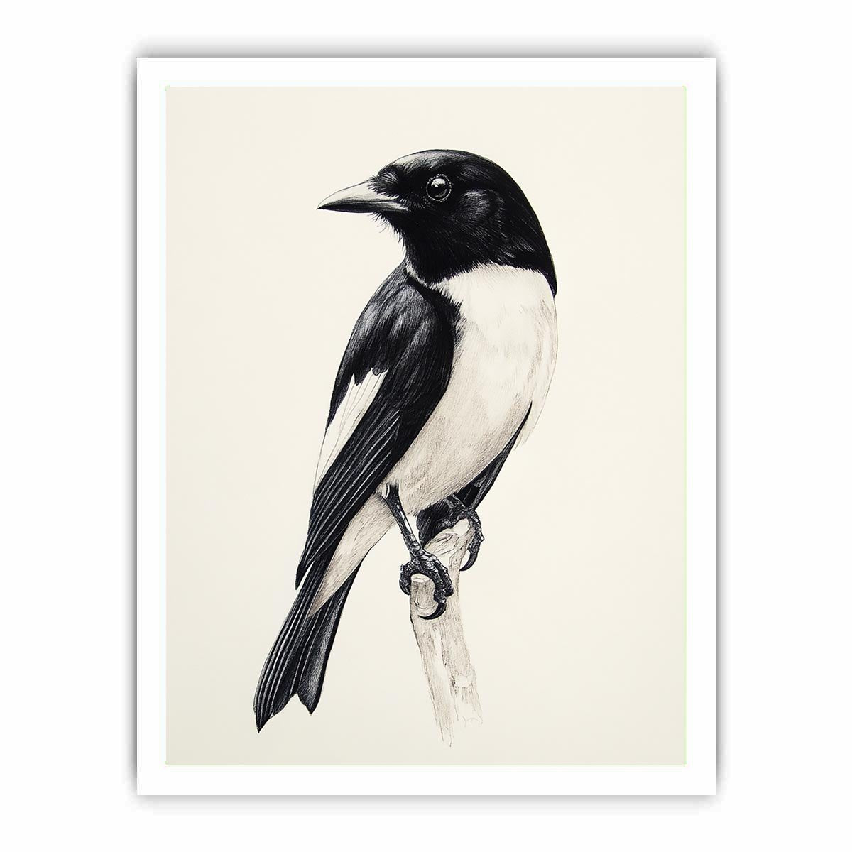 Minimal black and white songbird canvas art for refined office or hallway decor.