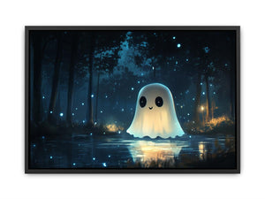 Cute glowing ghost forest canvas art with blue fireflies for kids bedroom decor.