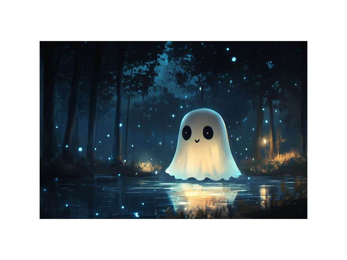 Cute glowing ghost forest canvas art with blue fireflies for kids bedroom decor.