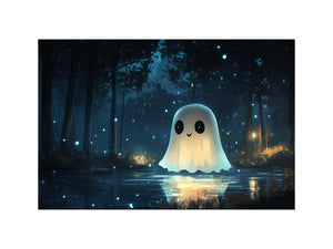 Cute glowing ghost forest canvas art with blue fireflies for kids bedroom decor.