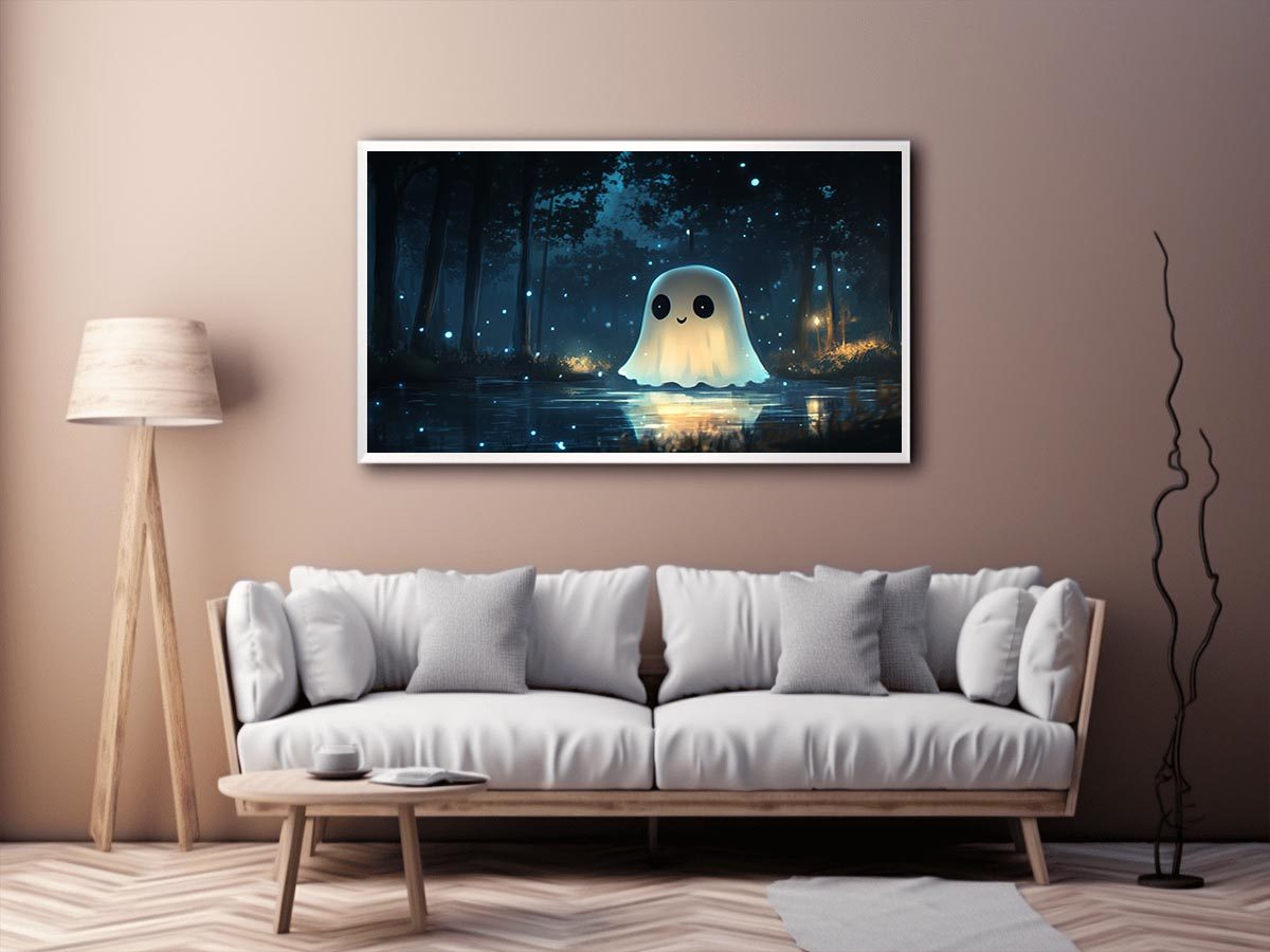 Cute glowing ghost forest canvas art with blue fireflies for kids bedroom decor.