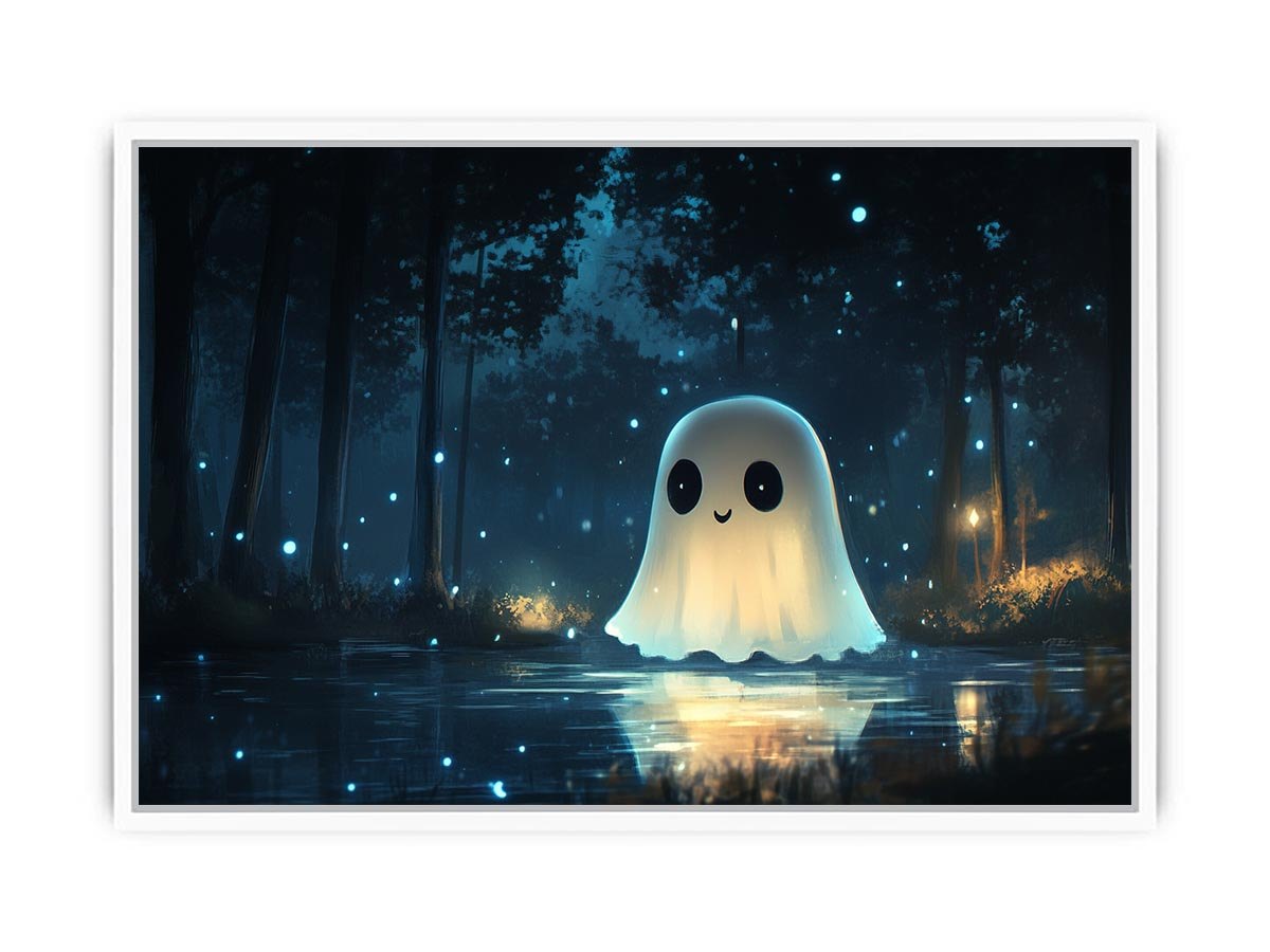 Cute glowing ghost forest canvas art with blue fireflies for kids bedroom decor.