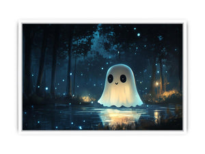 Cute glowing ghost forest canvas art with blue fireflies for kids bedroom decor.