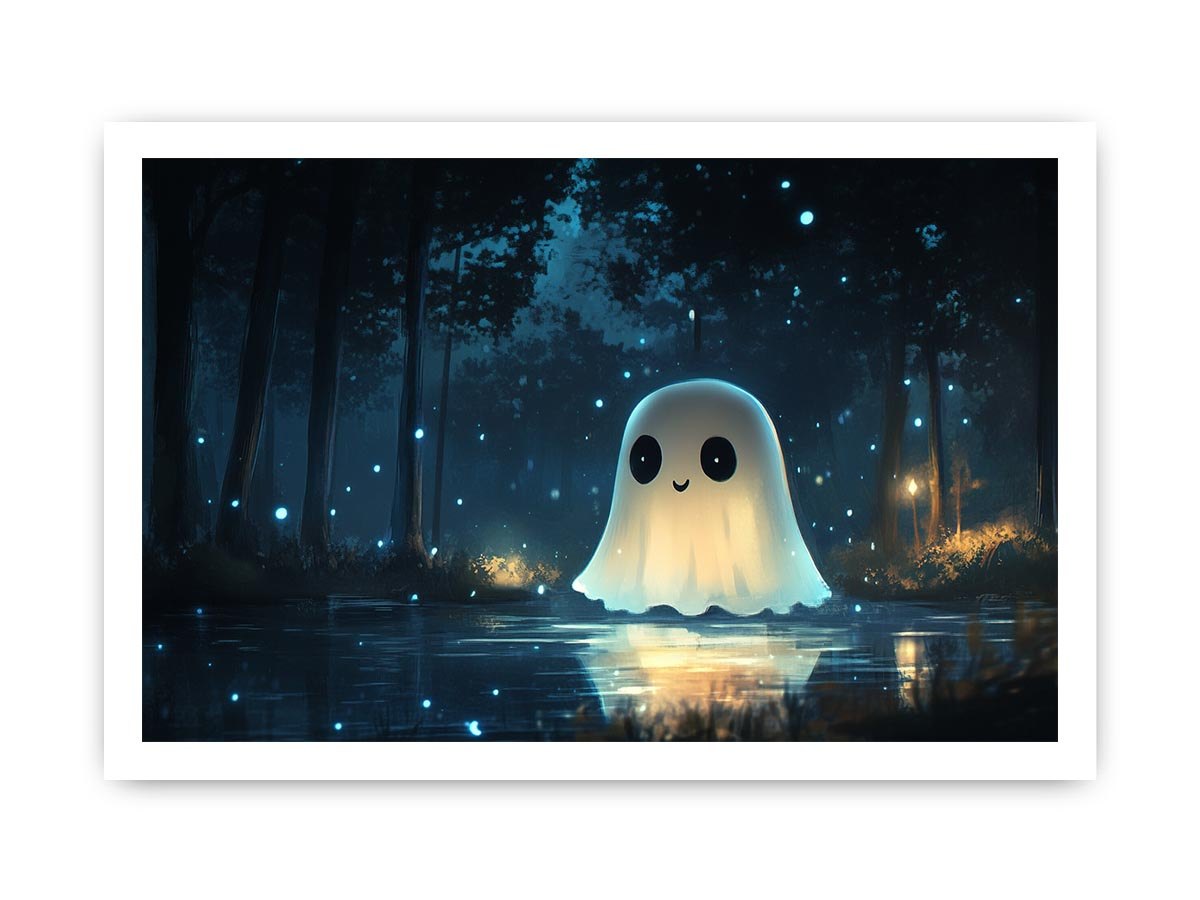 Cute glowing ghost forest canvas art with blue fireflies for kids bedroom decor.