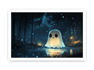 Cute glowing ghost forest canvas art with blue fireflies for kids bedroom decor.