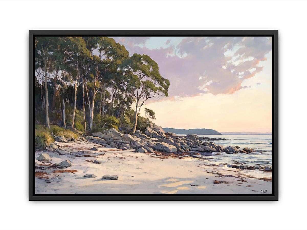 Soft coastal beach painting with eucalyptus trees for modern living room decor.