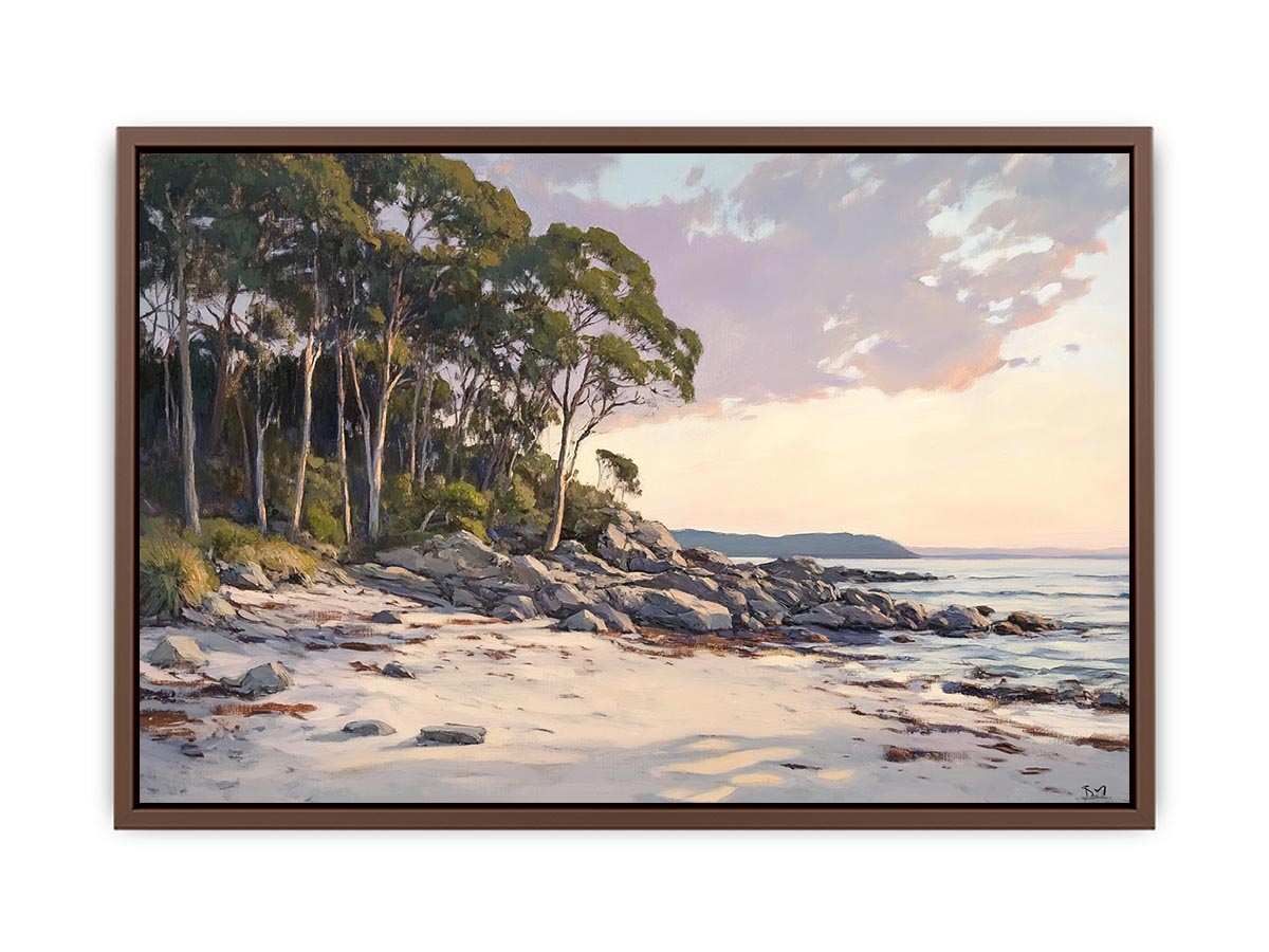 Soft coastal beach painting with eucalyptus trees for modern living room decor.