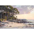 Soft coastal beach painting with eucalyptus trees for modern living room decor.