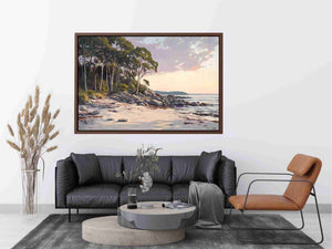 Soft coastal beach painting with eucalyptus trees for modern living room decor.