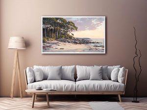 Soft coastal beach painting with eucalyptus trees for modern living room decor.