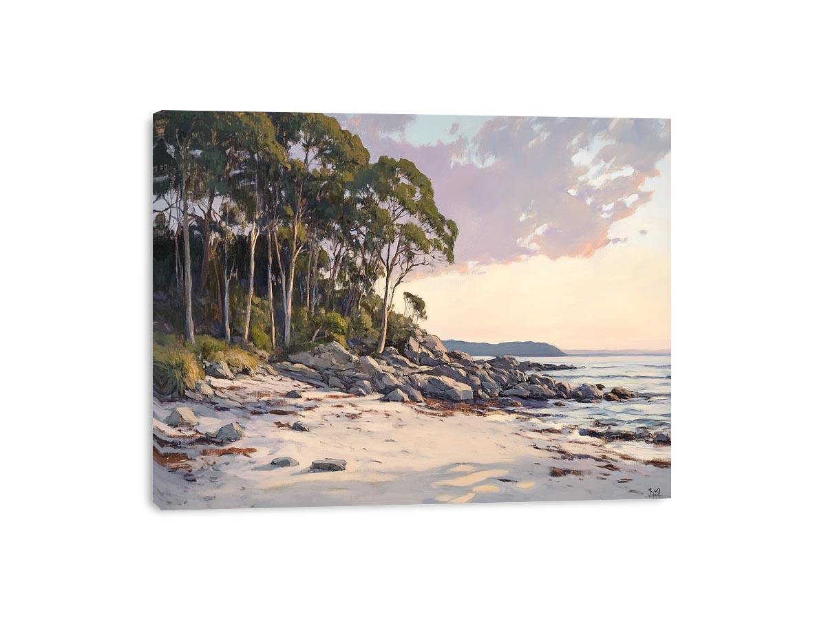 Soft coastal beach painting with eucalyptus trees for modern living room decor.