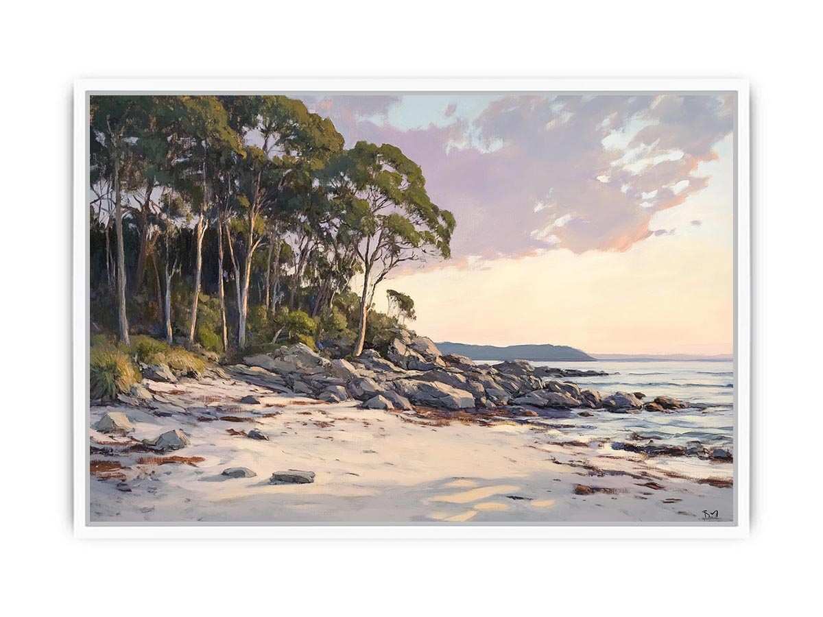 Soft coastal beach painting with eucalyptus trees for modern living room decor.