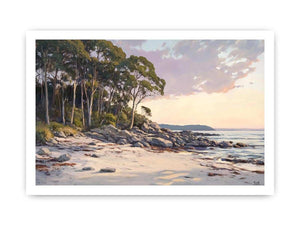 Soft coastal beach painting with eucalyptus trees for modern living room decor.