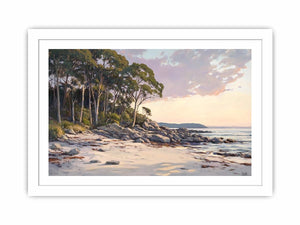 Soft coastal beach painting with eucalyptus trees for modern living room decor.