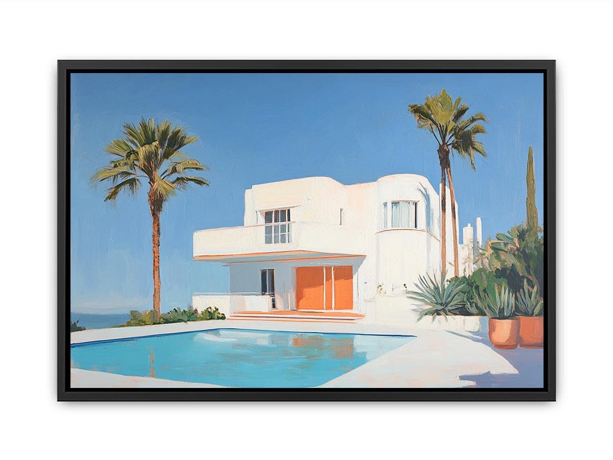 Modern white villa pool canvas art with palm trees for luxury living room decor.