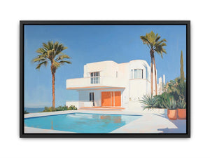 Modern white villa pool canvas art with palm trees for luxury living room decor.