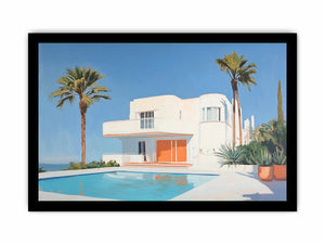 Modern white villa pool canvas art with palm trees for luxury living room decor.