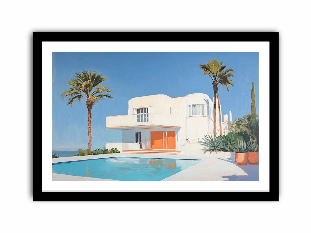 Modern white villa pool canvas art with palm trees for luxury living room decor.