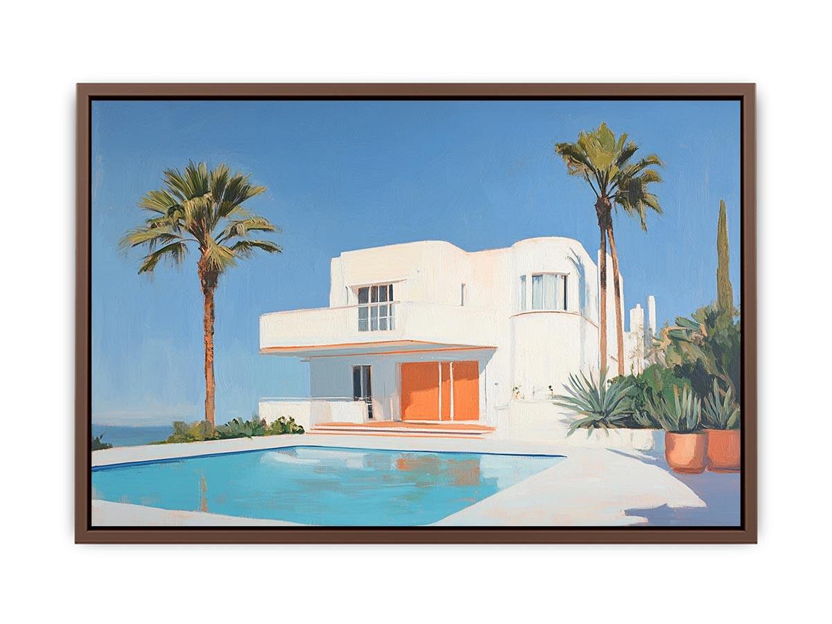Modern white villa pool canvas art with palm trees for luxury living room decor.