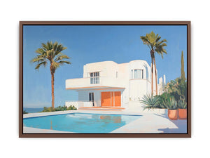 Modern white villa pool canvas art with palm trees for luxury living room decor.