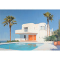 Modern white villa pool canvas art with palm trees for luxury living room decor.