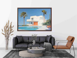 Modern white villa pool canvas art with palm trees for luxury living room decor.