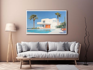 Modern white villa pool canvas art with palm trees for luxury living room decor.