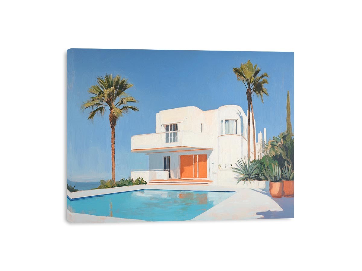 Modern white villa pool canvas art with palm trees for luxury living room decor.