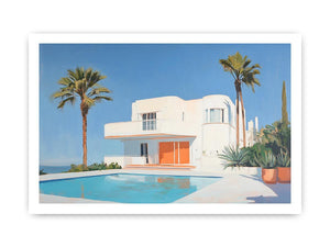 Modern white villa pool canvas art with palm trees for luxury living room decor.