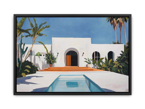 White Mediterranean villa courtyard canvas art with pool and palms for modern decor.