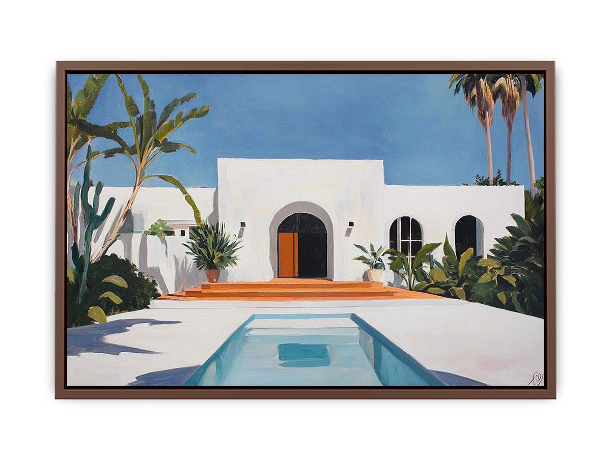 White Mediterranean villa courtyard canvas art with pool and palms for modern decor.
