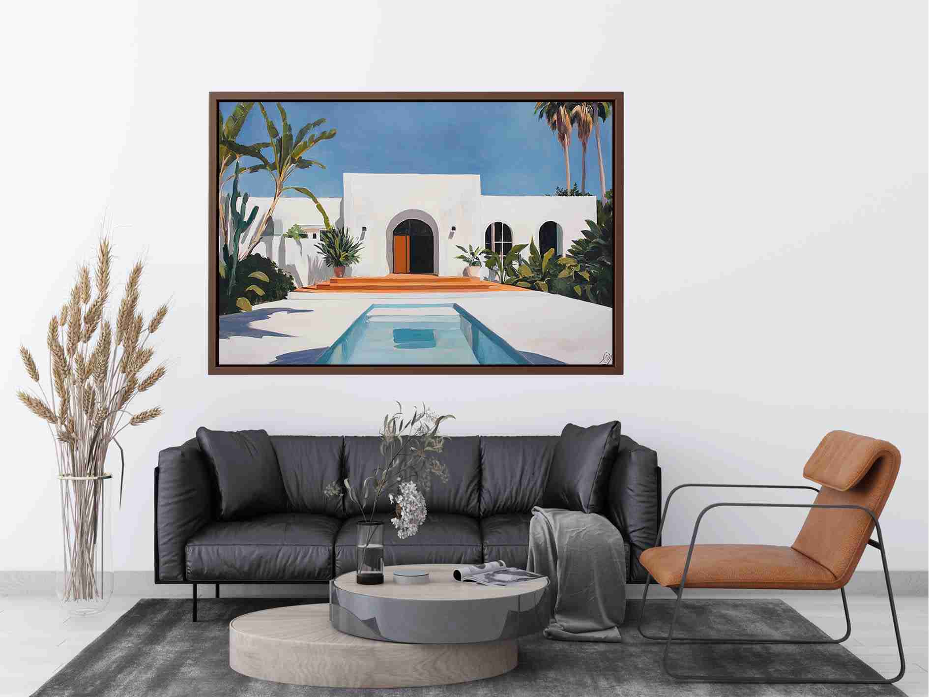 White Mediterranean villa courtyard canvas art with pool and palms for modern decor.