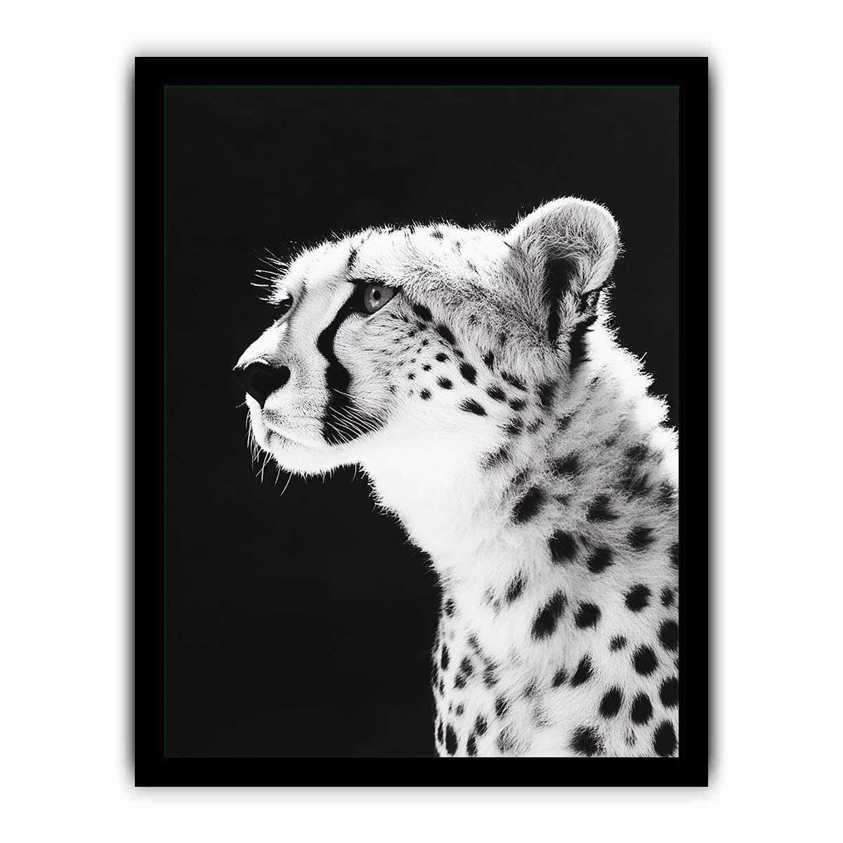 Black and white cheetah portrait wall art for modern office or living room decor.