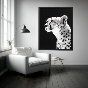 Black and white cheetah portrait wall art for modern office or living room decor.