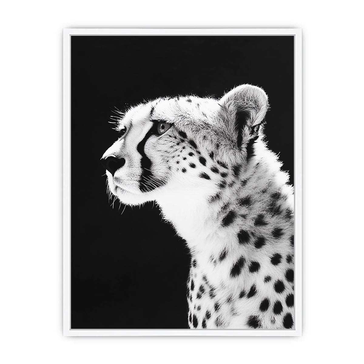 Black and white cheetah portrait wall art for modern office or living room decor.