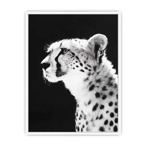 Black and white cheetah portrait wall art for modern office or living room decor.