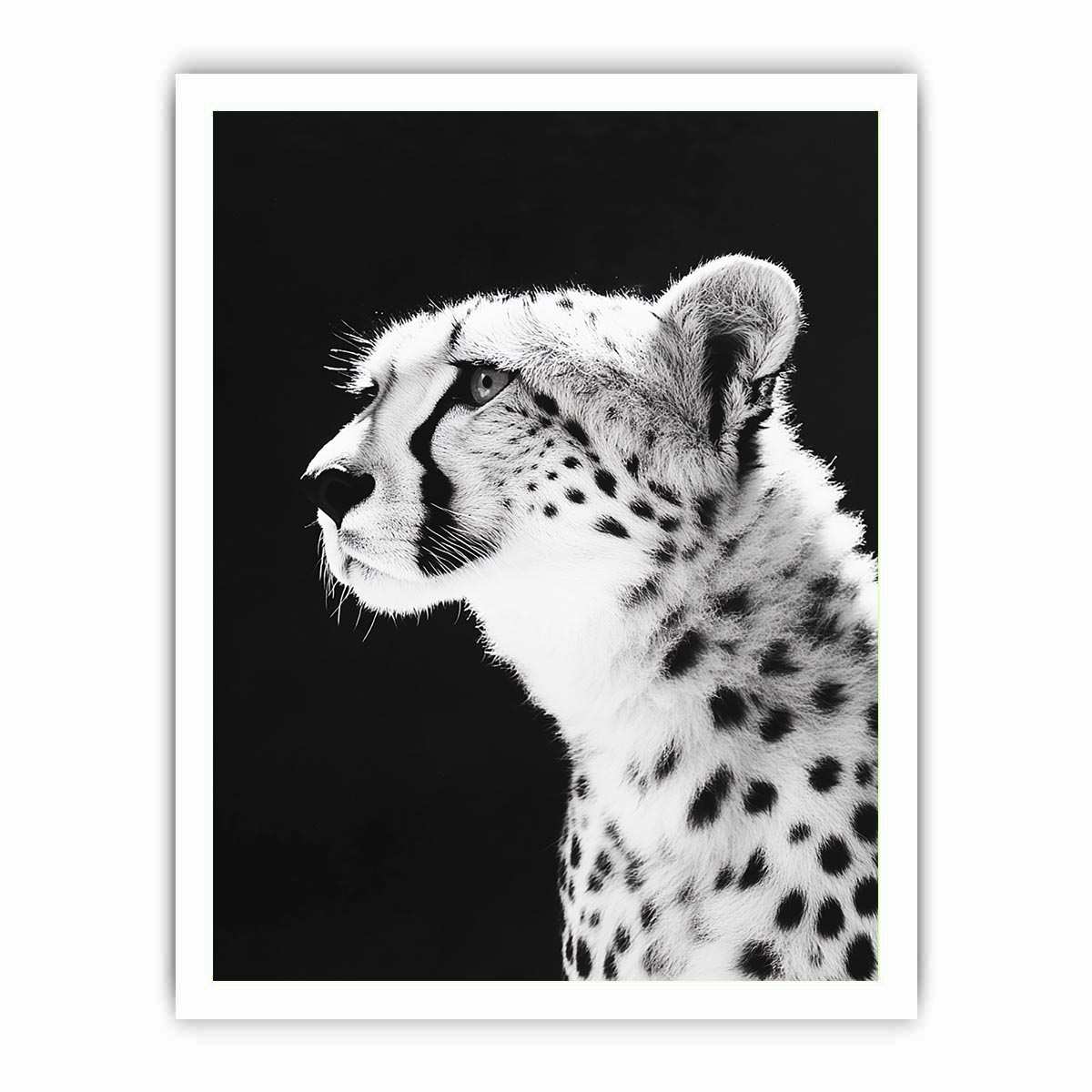 Black and white cheetah portrait wall art for modern office or living room decor.