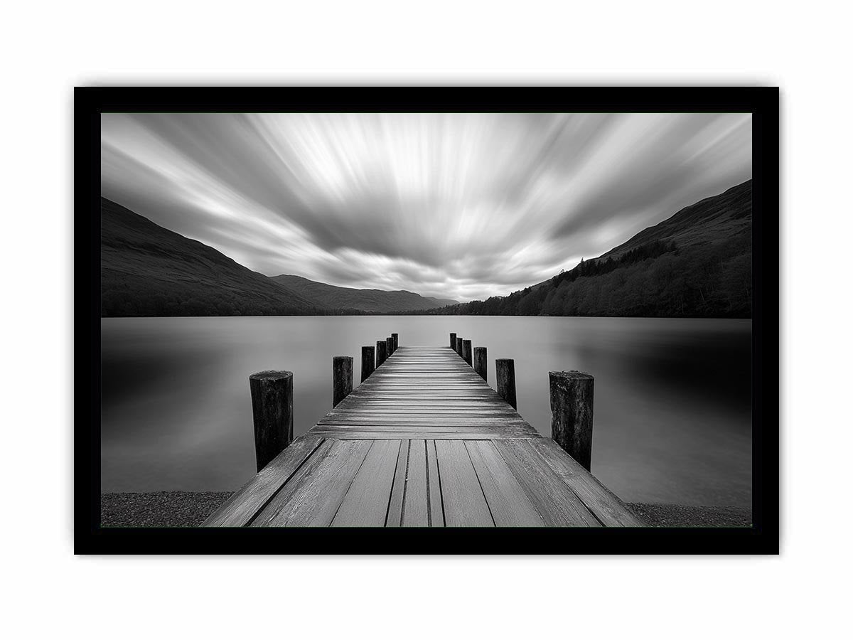 Black and white lake pier landscape photography for modern living room wall decor.