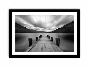 Black and white lake pier landscape photography for modern living room wall decor.
