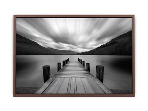 Black and white lake pier landscape photography for modern living room wall decor.
