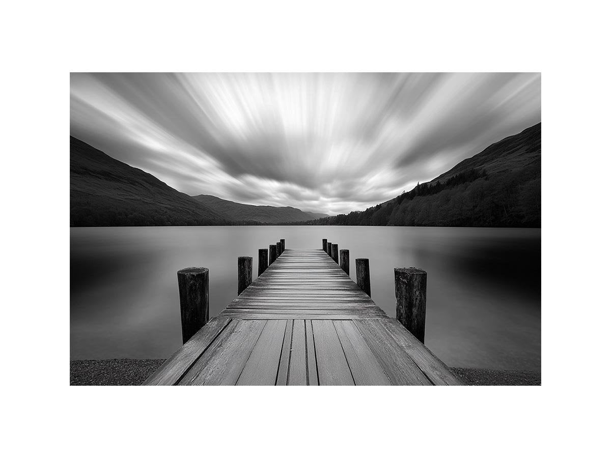 Black and white lake pier landscape photography for modern living room wall decor.