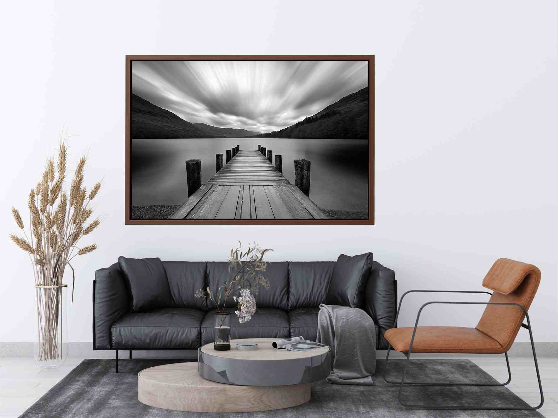 Black and white lake pier landscape photography for modern living room wall decor.