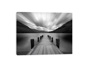 Black and white lake pier landscape photography for modern living room wall decor.